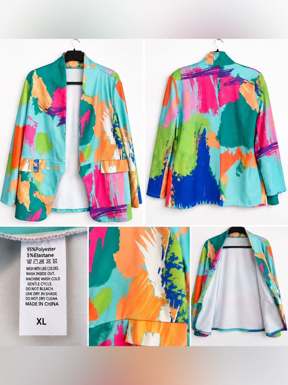 Women’s Colorful Abstract Print Open Front Blazer Jacket XL